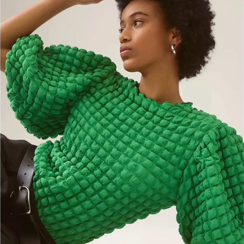 Anthropologie eri+ali Green Textured Puff Sleeve Blouse
